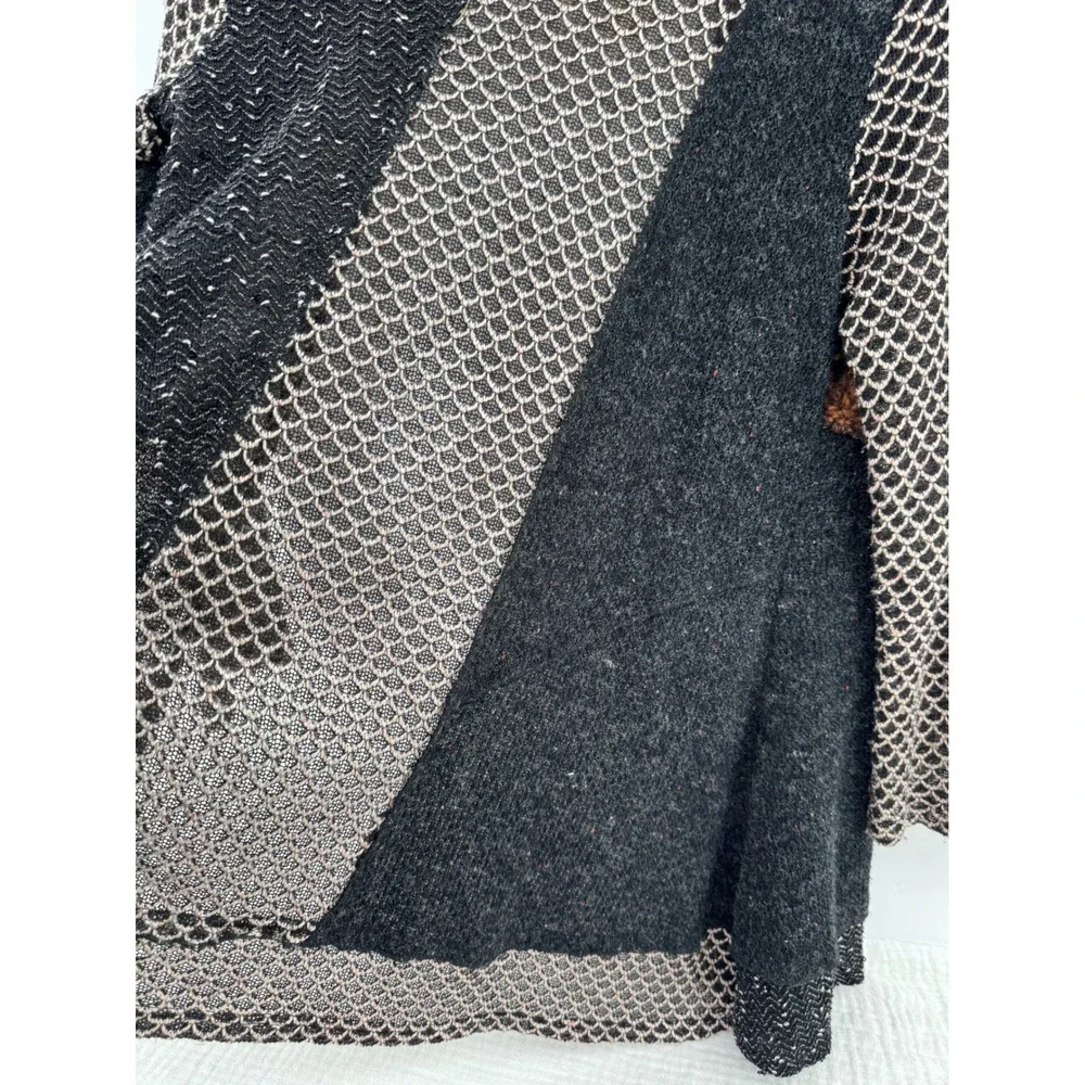 Fleur De Lis Cardigan Black Knit Yarn Patchwork Boho Floral Open Front Size S
